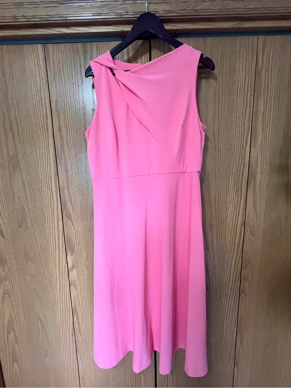 DKNY Sleeveless Coral-Pink Midi Dress with Draped Neck